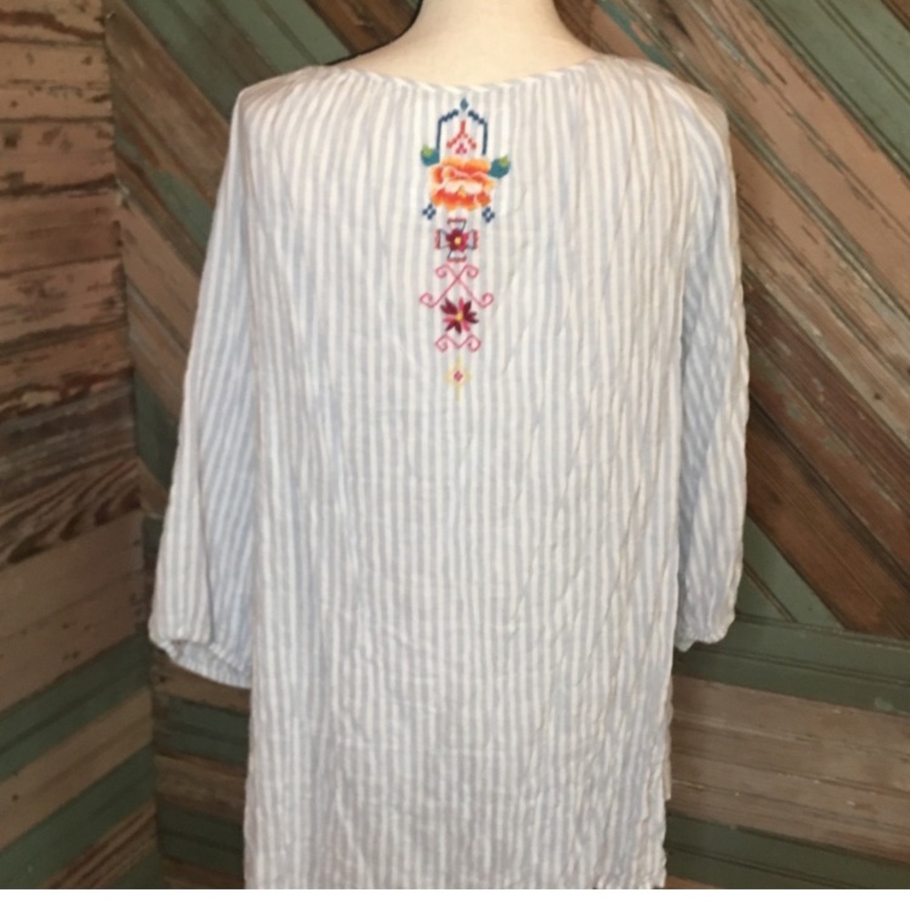 Johnny Was Light Blue Striped Peasant Top with Multicolor Embroidery Size Small - Picture 2 of 12